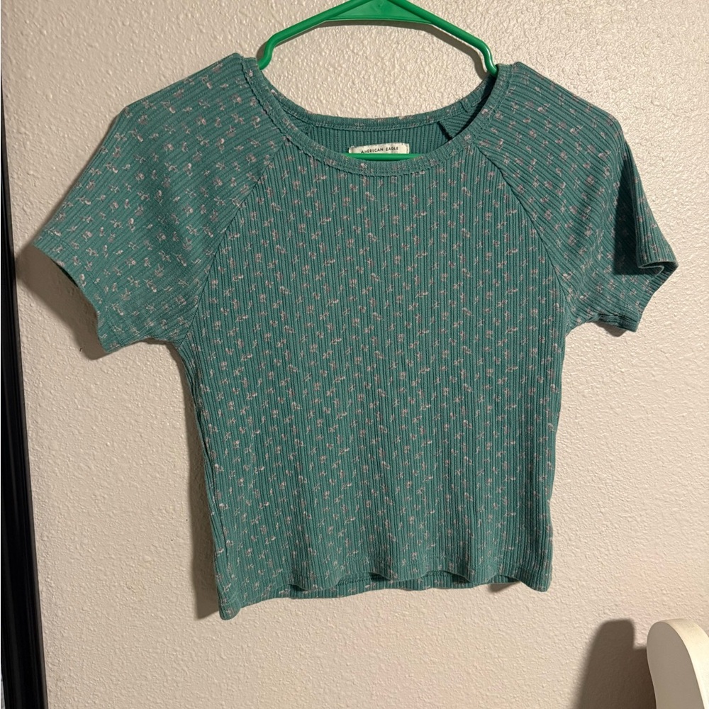 American Eagle Outfitters Teal Patterned Short Sleeve Top